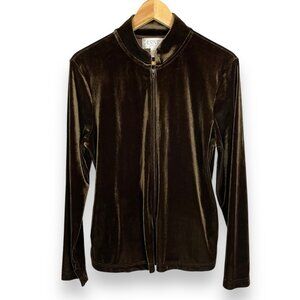 Vintage Velour Sweatshirt Zip-Up Tracksuit Brown Velvet Women Size Large Jacket‎